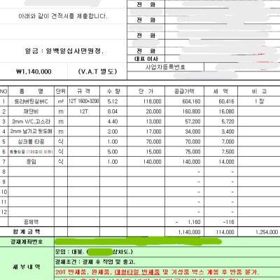 세라믹 자재, 가공 견적서